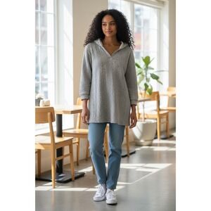 Womens Gray Textured Hooded Tunic Sweatshirt Long Sleeve V Neck Pullover Top 2XL